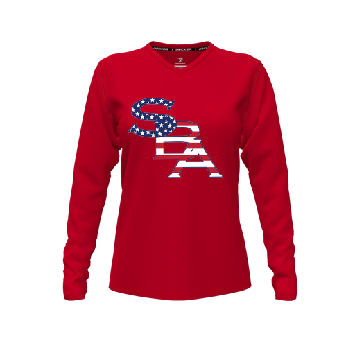 [FTLVCFRD-FYXS-LOGO1] Decker Comfort T-Shirt (Female Youth XS, Red, V Neck, Logo 1, Long Sleeve)