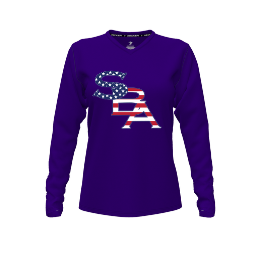 [CUS-DFW-TEES-PER-VNK-LSL-PUR-FYXS-LOGO1] Performance T-Shirt (Female Youth XS, Purple, V Neck, Logo 1, Long Sleeve)